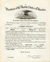 Certificate of appointment of Drury to the rank of Lieutenant